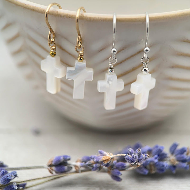 White Mother of Pearl Cross Dangle Earrings | Sterling Silver or Gold Filled | Christian Faith Jewelry Gift for Her - SunlightSilver