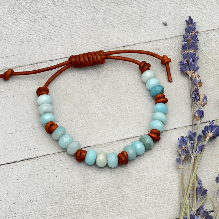 Amazonite and Rustic Brown Leather Bracelet - SunlightSilver
