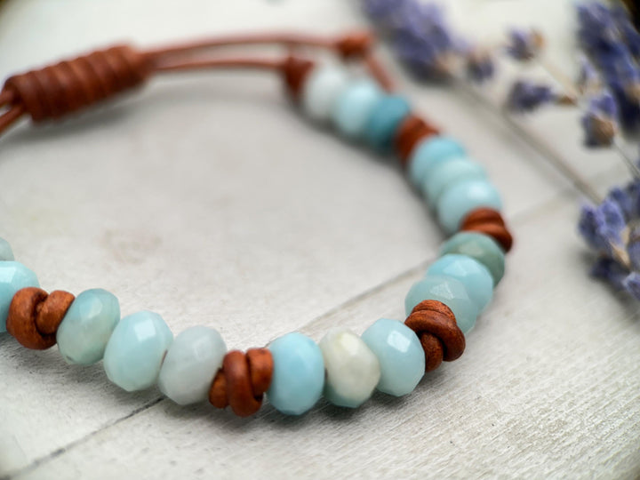 Amazonite and Rustic Brown Leather Bracelet - SunlightSilver