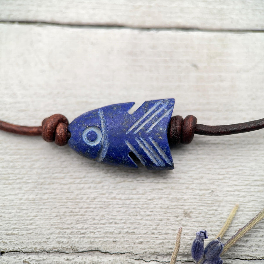 Large Lapis Lazuli Carved Fish and Brown Leather Necklace, 3 to choose from - SunlightSilver