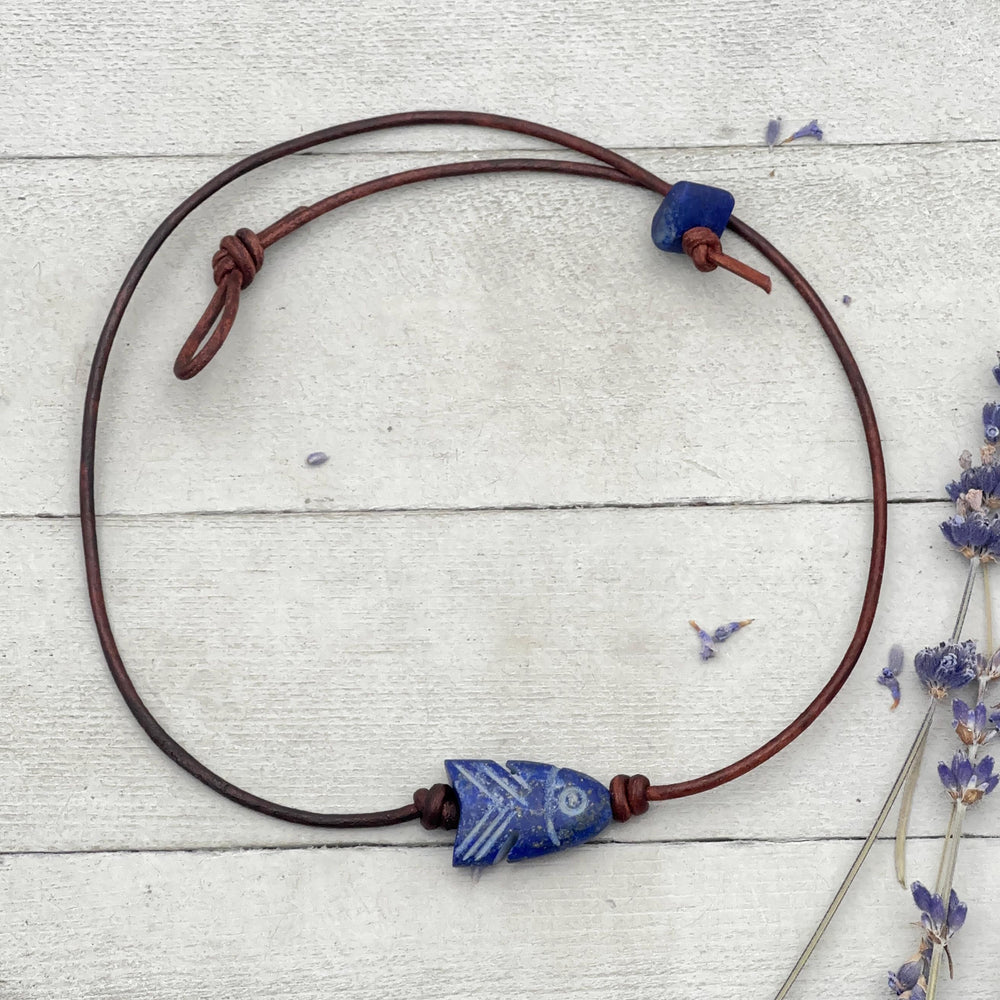 Large Lapis Lazuli Carved Fish and Brown Leather Necklace, 3 to choose from - SunlightSilver