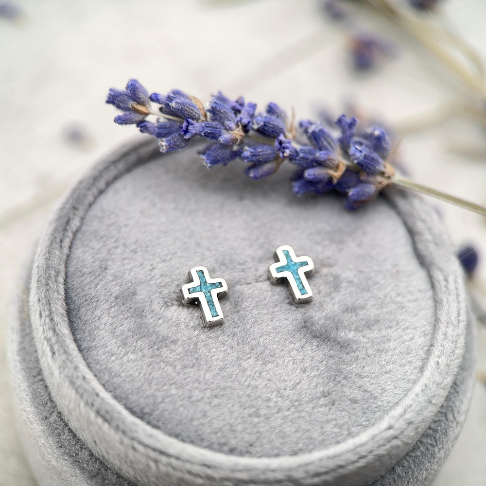 Turquoise Cross Earrings Sterling Silver, Christian Cross Studs, Turquoise Inlay Faith Religious Jewelry Gift - SunlightSilver