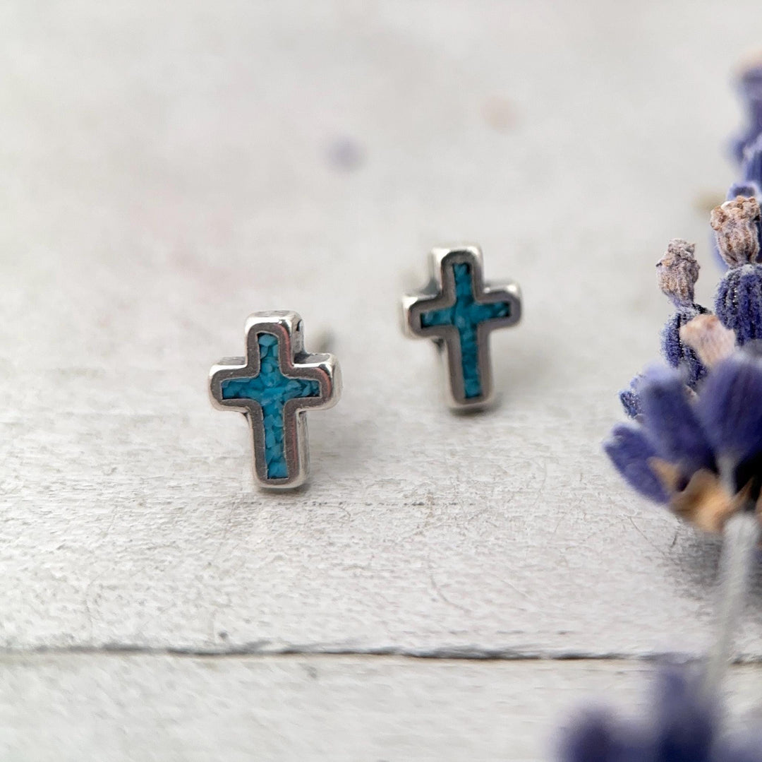 Turquoise Cross Earrings Sterling Silver, Christian Cross Studs, Turquoise Inlay Faith Religious Jewelry Gift - SunlightSilver