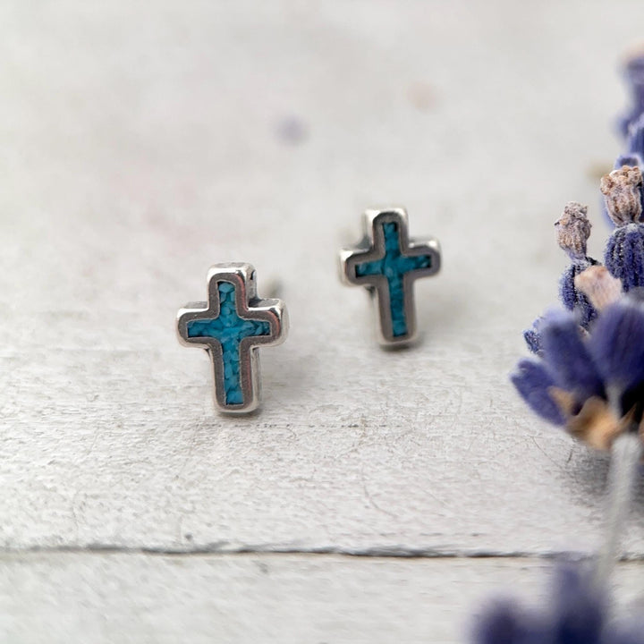 Turquoise Cross Earrings Sterling Silver, Christian Cross Studs, Turquoise Inlay Faith Religious Jewelry Gift - SunlightSilver
