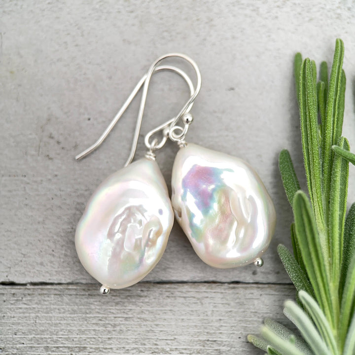Baroque Pearl Earrings • Sterling Silver • June Birthstone • White Bridal Jewelry - SunlightSilver