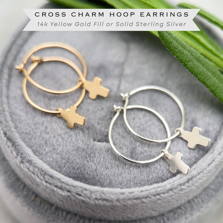 Cross Charm Hoop Earrings | Sterling Silver or Yellow Gold-Fill | Christian Faith Jewelry - SunlightSilver