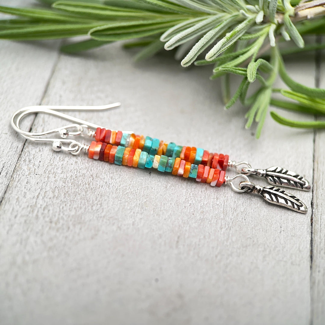 Spiny Oyster & Turquoise Earrings | Sterling Silver Feathers | Blue, Orange, Red Shell - SunlightSilver