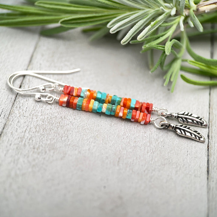 Spiny Oyster & Turquoise Earrings | Sterling Silver Feathers | Blue, Orange, Red Shell - SunlightSilver