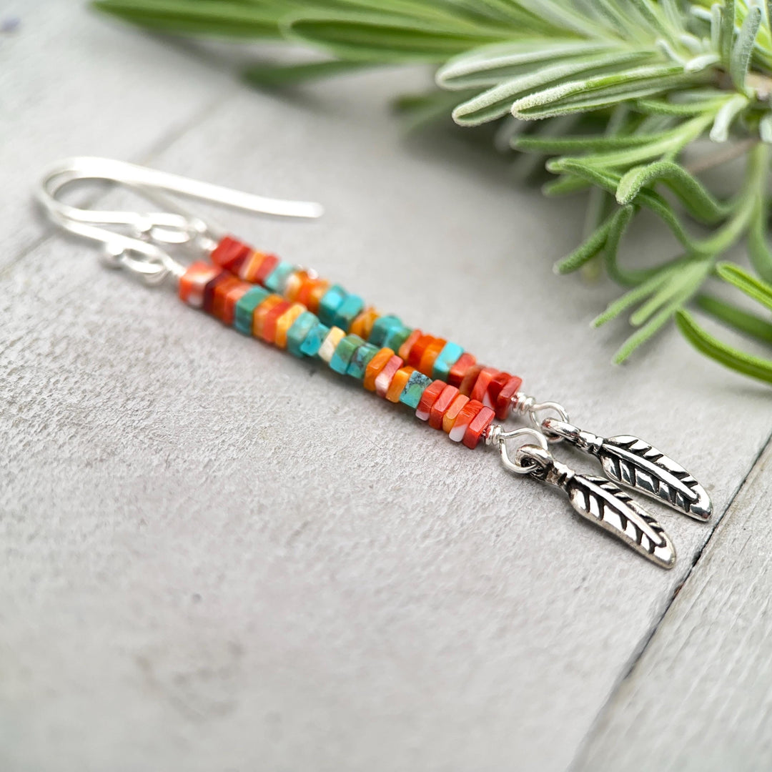 Spiny Oyster & Turquoise Earrings | Sterling Silver Feathers | Blue, Orange, Red Shell - SunlightSilver