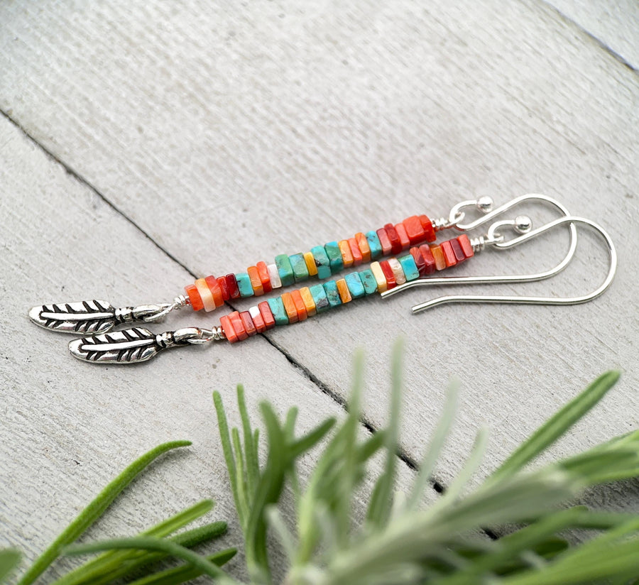 Spiny Oyster & Turquoise Earrings | Sterling Silver Feathers | Blue, Orange, Red Shell - SunlightSilver