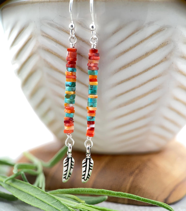 Spiny Oyster & Turquoise Earrings | Sterling Silver Feathers | Blue, Orange, Red Shell - SunlightSilver