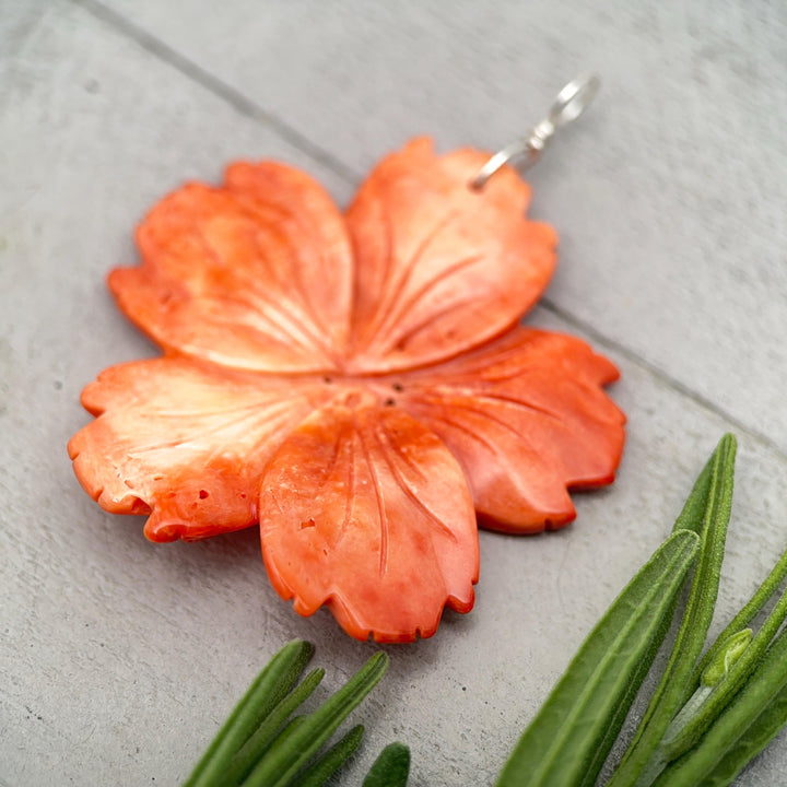 Spiny Oyster Pendant | Large Orange-Red Carved Shell Flower | Sterling Silver Jewelry - SunlightSilver