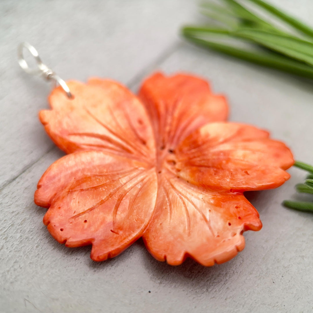 Spiny Oyster Pendant | Large Orange-Red Carved Shell Flower | Sterling Silver Jewelry - SunlightSilver