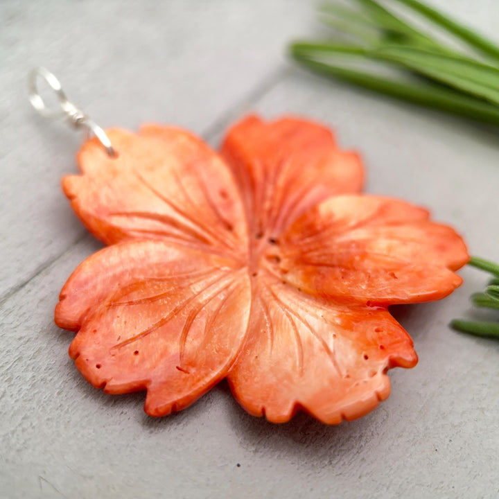 Spiny Oyster Pendant | Large Orange-Red Carved Shell Flower | Sterling Silver Jewelry - SunlightSilver