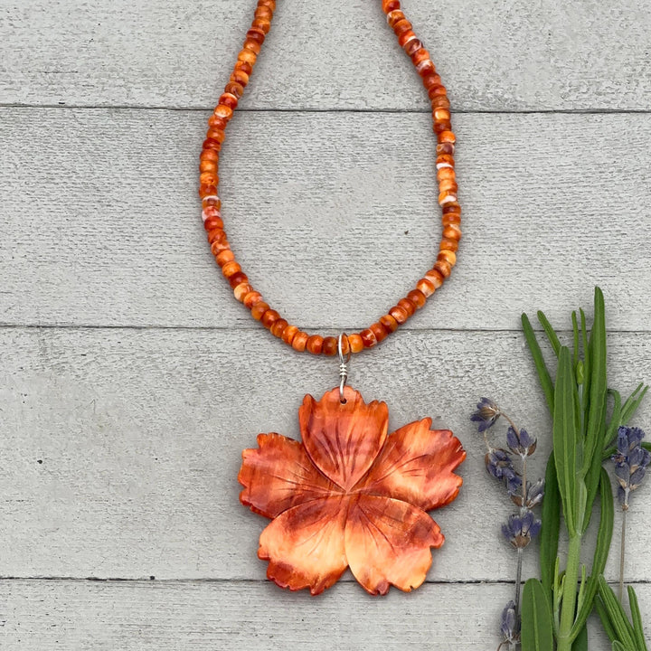Spiny Oyster Pendant | Large Orange-Red Carved Shell Flower | Sterling Silver Jewelry - SunlightSilver