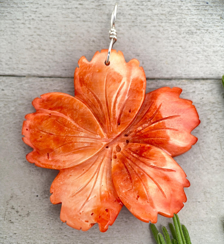 Spiny Oyster Pendant | Large Orange-Red Carved Shell Flower | Sterling Silver Jewelry - SunlightSilver