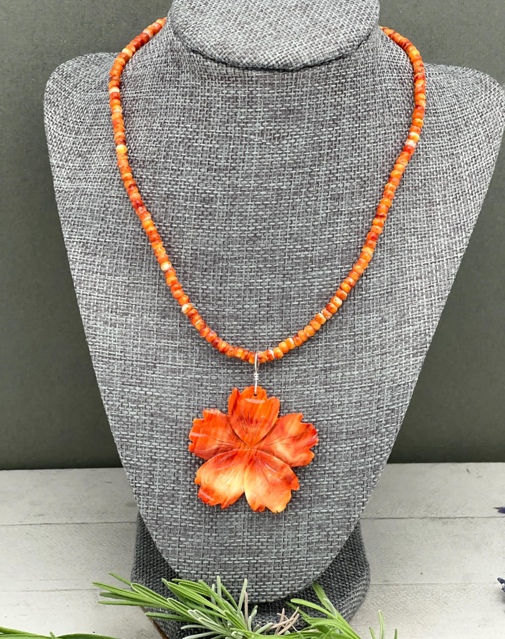Spiny Oyster Pendant | Large Orange-Red Carved Shell Flower | Sterling Silver Jewelry - LAST ONES! - SunlightSilver