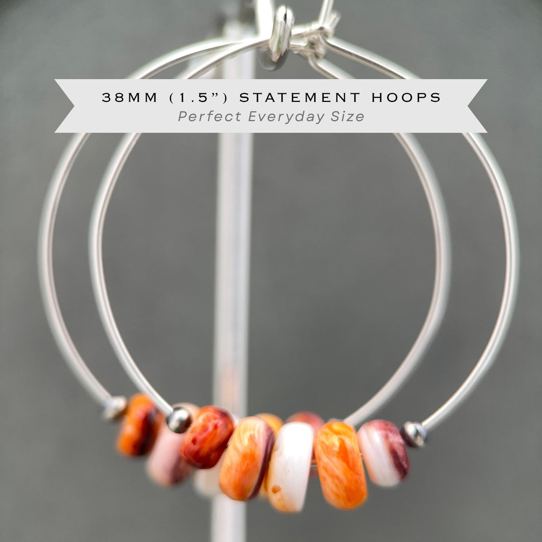 Spiny Oyster & Navajo Pearl Earrings | Sterling Silver Hoops | Orange-Red, Purple Shells - SunlightSilver
