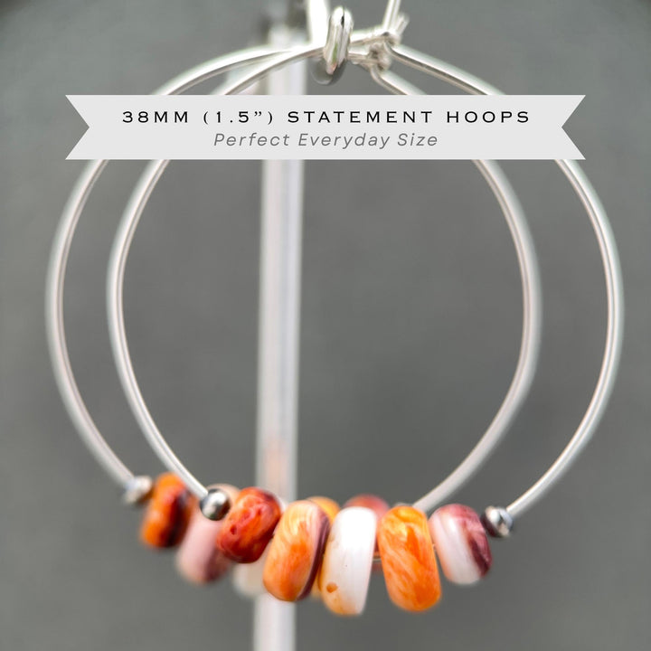 Spiny Oyster & Navajo Pearl Earrings | Sterling Silver Hoops | Orange-Red, Purple Shells - SunlightSilver