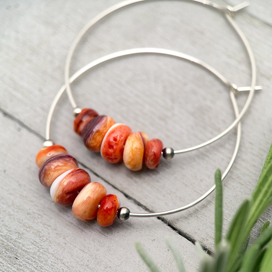 Spiny Oyster & Navajo Pearl Earrings | Sterling Silver Hoops | Orange-Red, Purple Shells - SunlightSilver