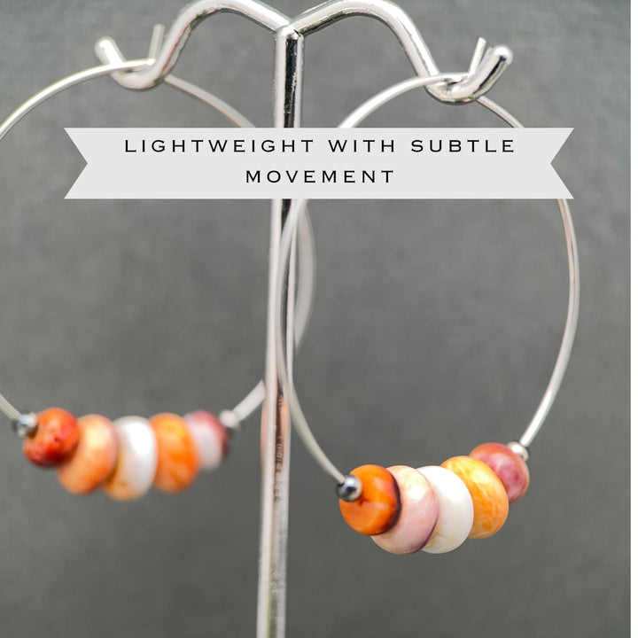 Spiny Oyster & Navajo Pearl Earrings | Sterling Silver Hoops | Orange-Red, Purple Shells - SunlightSilver