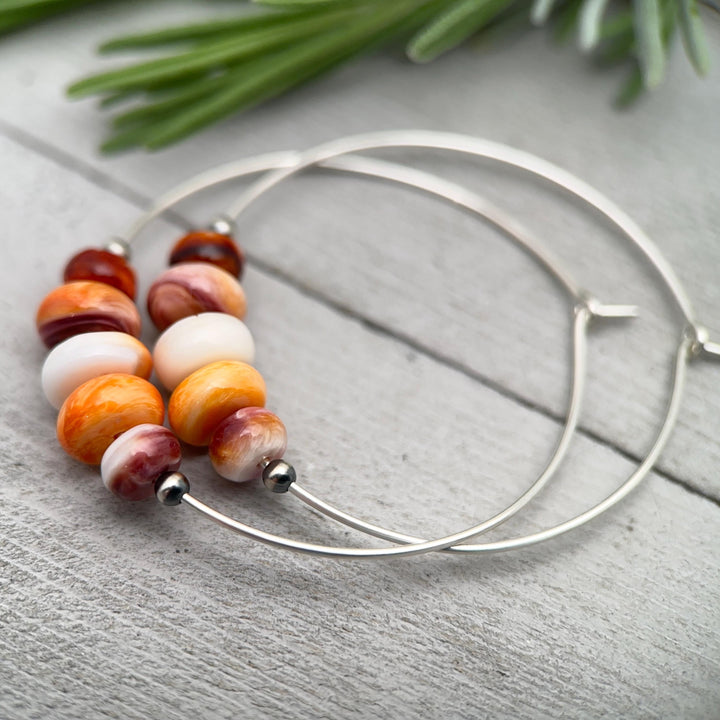 Spiny Oyster & Navajo Pearl Earrings | Sterling Silver Hoops | Orange-Red, Purple Shells - SunlightSilver