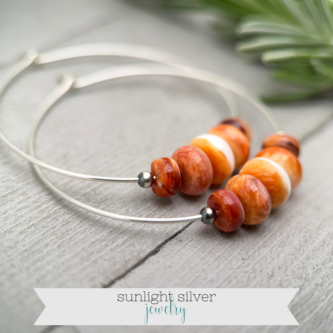 Spiny Oyster & Navajo Pearl Earrings | Sterling Silver Hoops | Orange-Red, Purple Shells - SunlightSilver