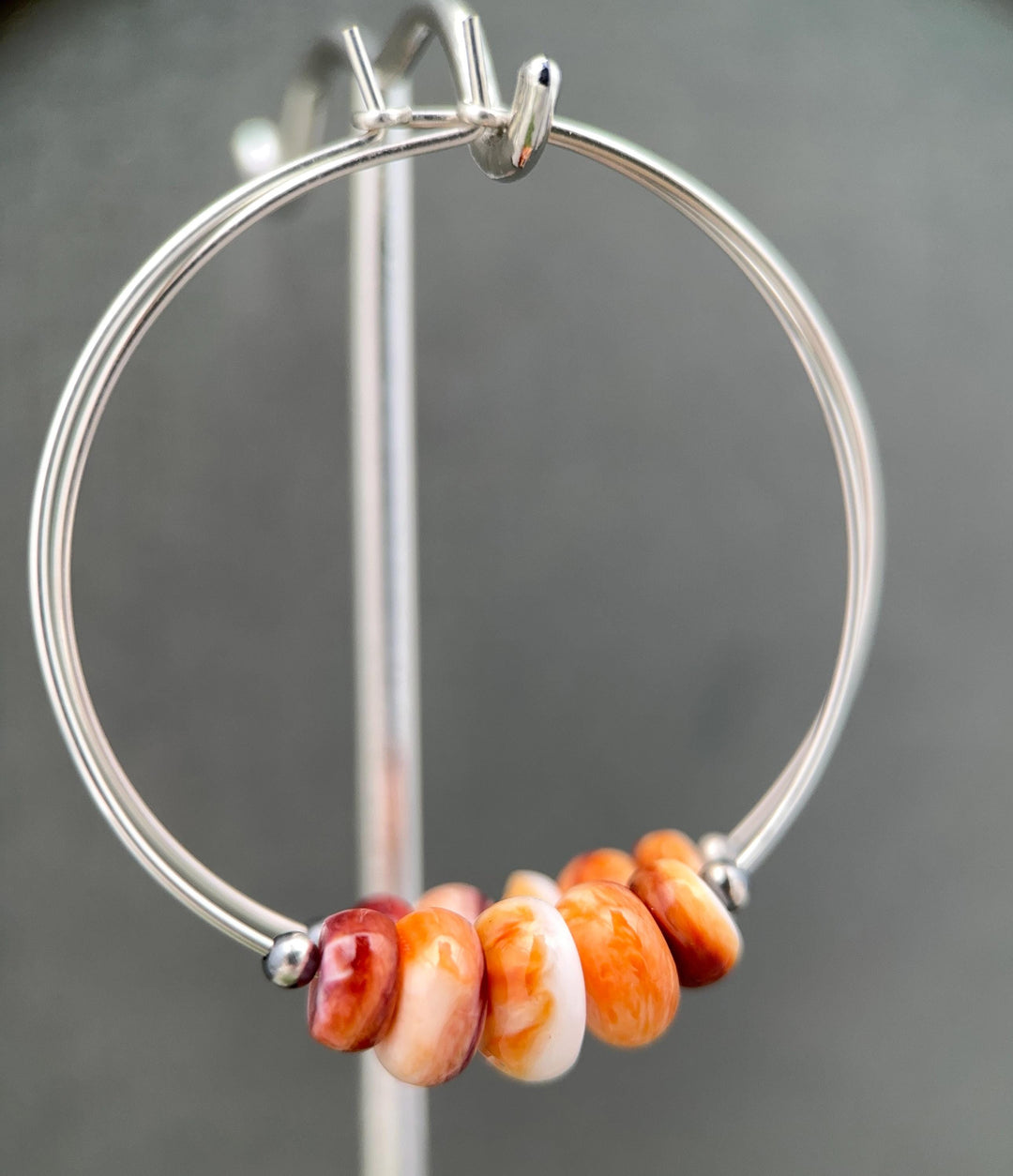 Spiny Oyster & Navajo Pearl Earrings | Sterling Silver Hoops | Orange-Red, Purple Shells - SunlightSilver