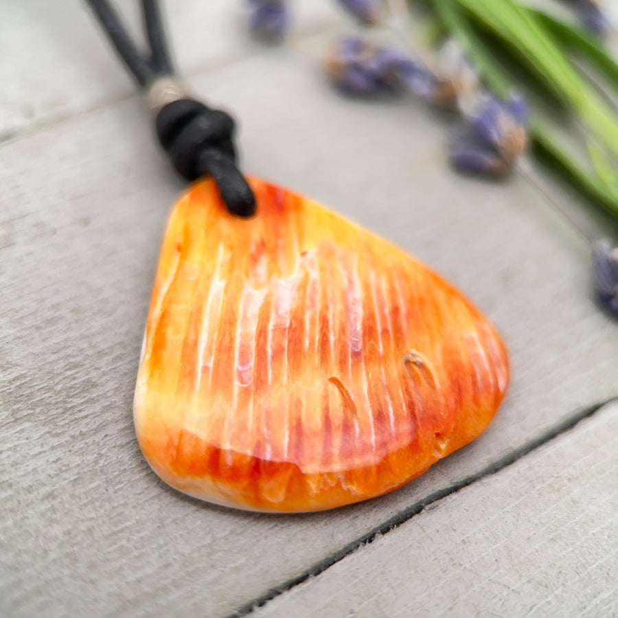 Orange Spiny Oyster Necklace | Orange Shell, Black Leather, Gift for Him or Her - SunlightSilver