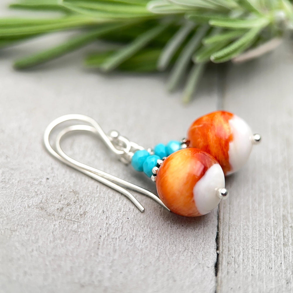 Spiny Oyster & Turquoise Earrings | Orange-Red, and White Shell | Sterling Silver Jewelry - SunlightSilver