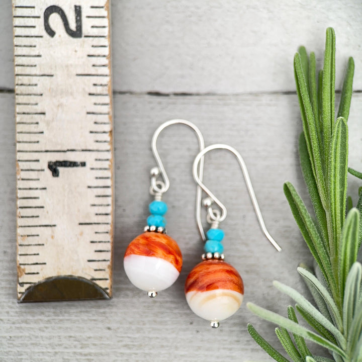 Spiny Oyster & Turquoise Earrings | Orange-Red, and White Shell | Sterling Silver Jewelry - SunlightSilver