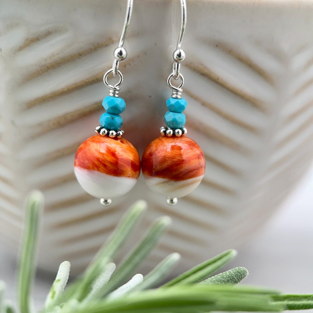 Spiny Oyster & Turquoise Earrings | Orange-Red, and White Shell | Sterling Silver Jewelry - SunlightSilver