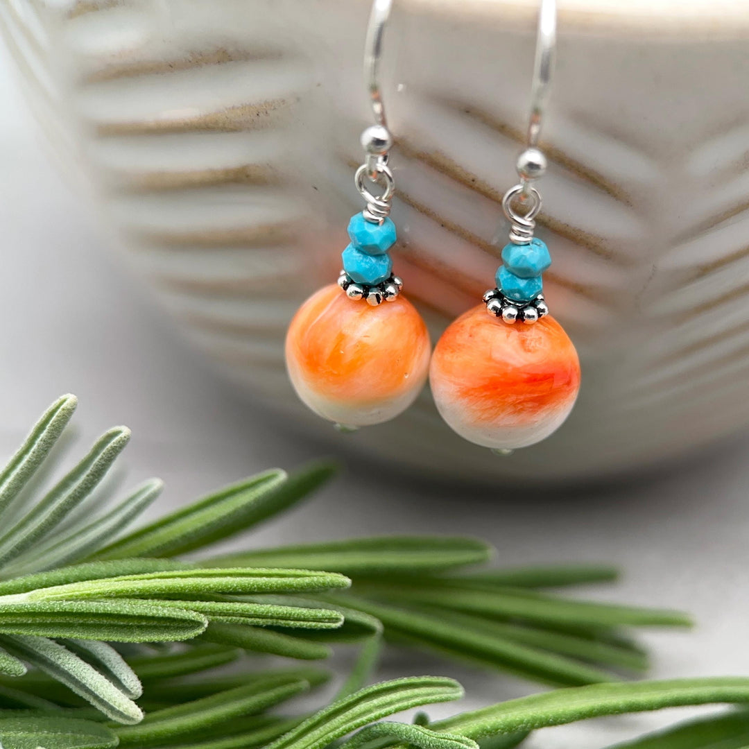 Spiny Oyster & Turquoise Earrings | Orange-Red, and White Shell | Sterling Silver Jewelry - SunlightSilver