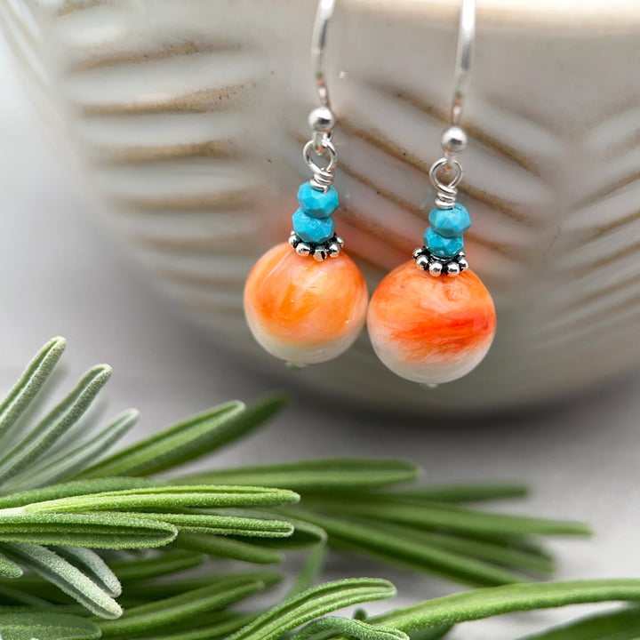 Spiny Oyster & Turquoise Earrings | Orange-Red, and White Shell | Sterling Silver Jewelry - SunlightSilver