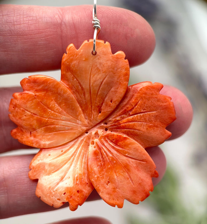 Spiny Oyster Pendant | Large Orange-Red Carved Shell Flower | Sterling Silver Jewelry - SunlightSilver