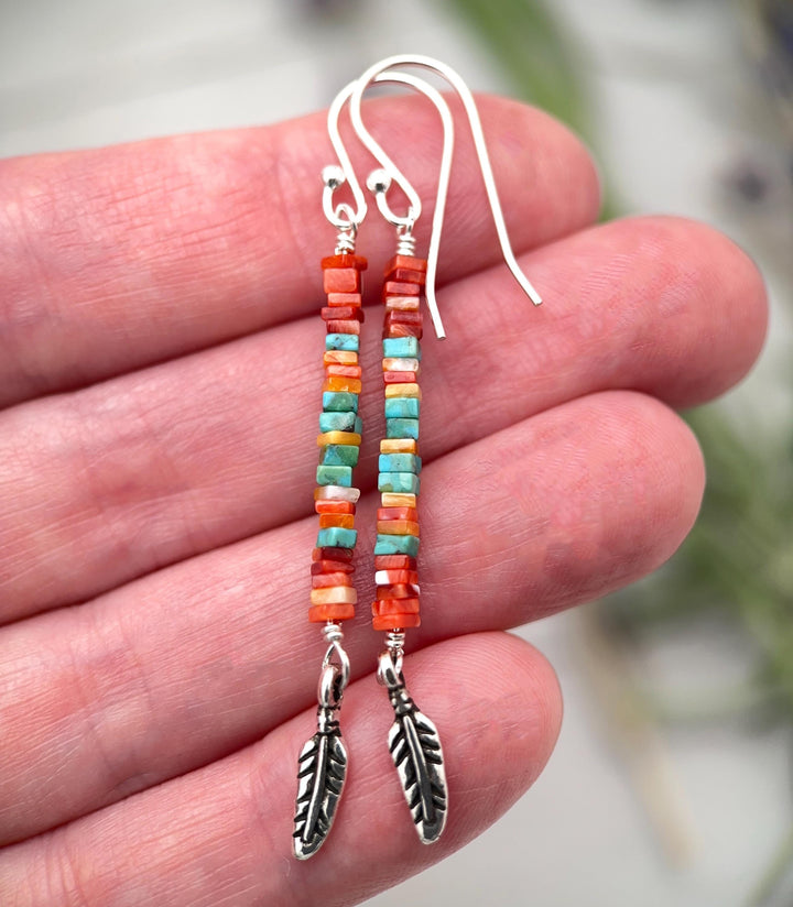Spiny Oyster & Turquoise Earrings | Sterling Silver Feathers | Blue, Orange, Red Shell - SunlightSilver