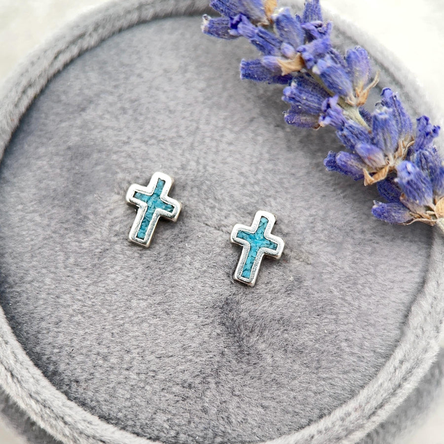 Turquoise Cross Earrings Sterling Silver, Christian Cross Studs, Turquoise Inlay Faith Religious Jewelry Gift - SunlightSilver