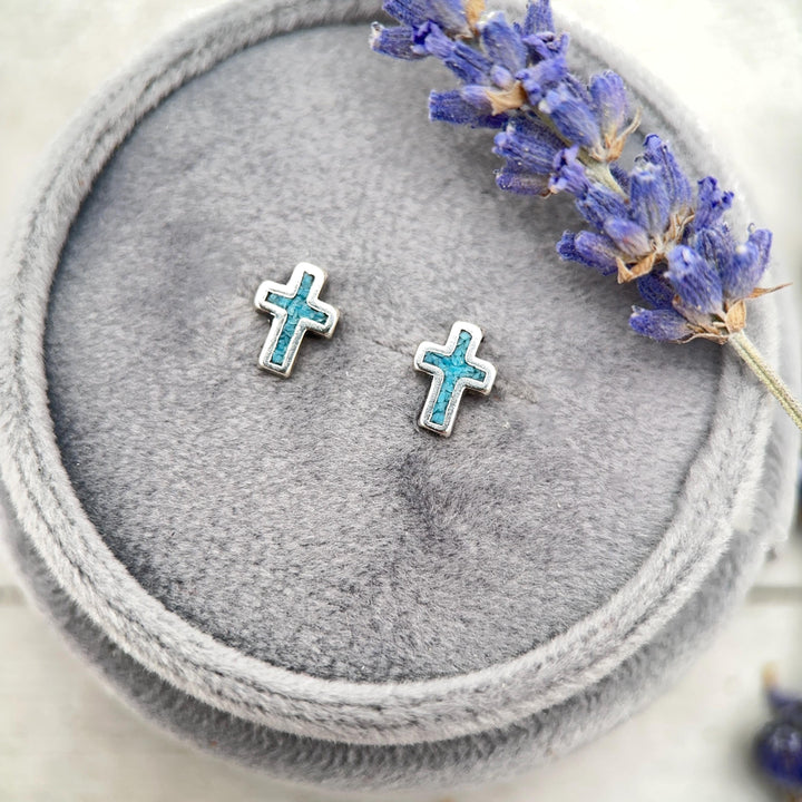 Turquoise Cross Earrings Sterling Silver, Christian Cross Studs, Turquoise Inlay Faith Religious Jewelry Gift - SunlightSilver
