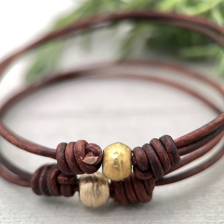 African Coin Silver Bead and Leather Anklet or Bracelet - Adjustable Size - Rustic Brown or Black Leather - SunlightSilver