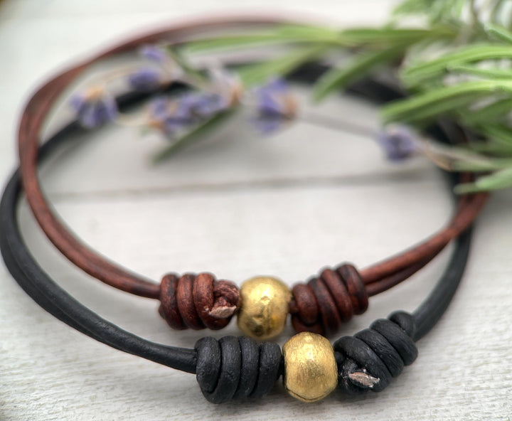 African Coin Silver Bead and Leather Anklet or Bracelet - Adjustable Size - Rustic Brown or Black Leather - SunlightSilver