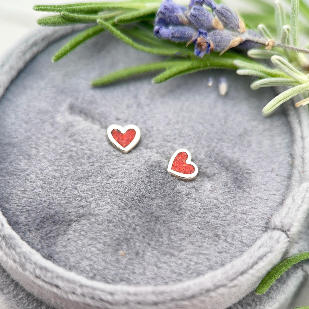 Tiny Red Coral Sterling Silver Heart Stud - Inlay Post Earrings - SunlightSilver