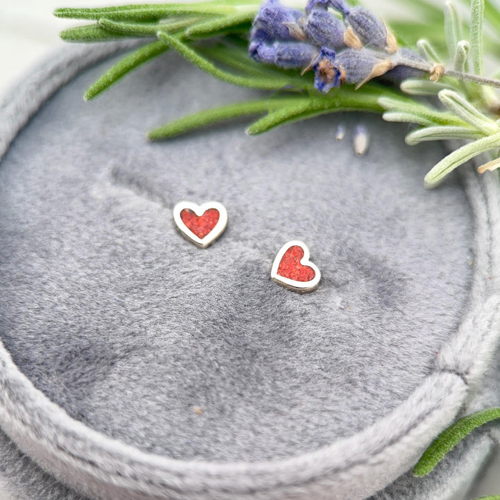 Tiny Red Coral Sterling Silver Heart Stud - Inlay Post Earrings - SunlightSilver