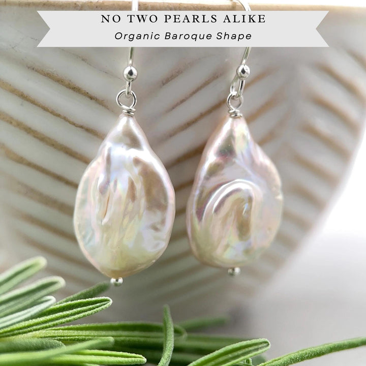 Baroque Pearl Earrings • Sterling Silver • June Birthstone • White Bridal Jewelry - SunlightSilver