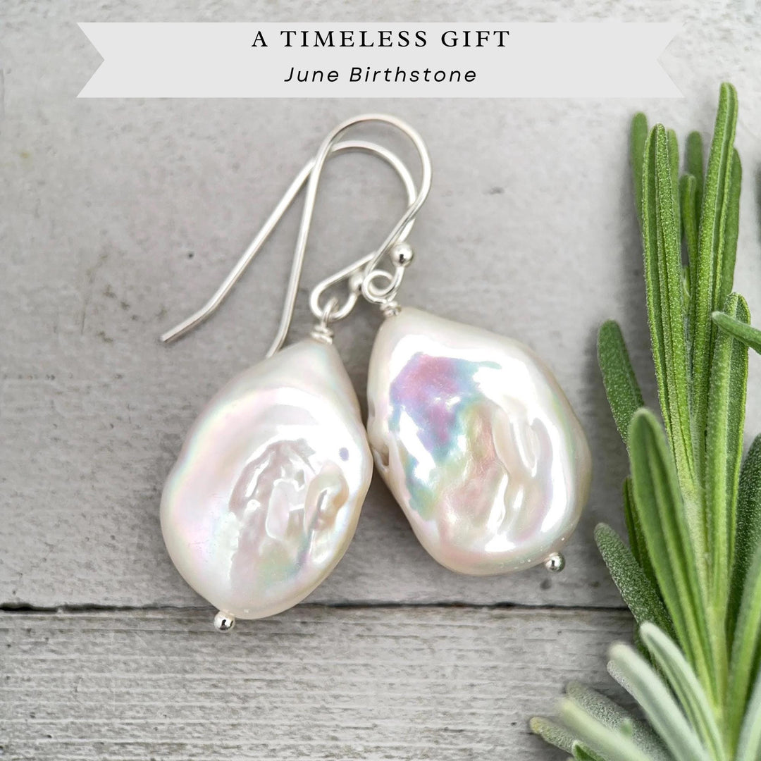 Baroque Pearl Earrings • Sterling Silver • June Birthstone • White Bridal Jewelry - SunlightSilver