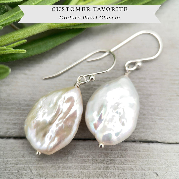 Baroque Pearl Earrings • Sterling Silver • June Birthstone • White Bridal Jewelry - SunlightSilver