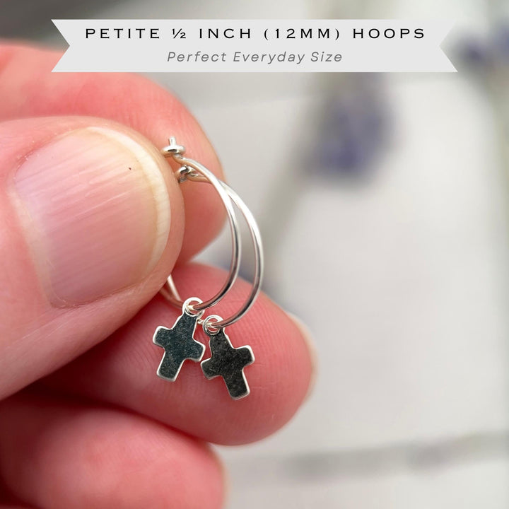 Cross Charm Hoop Earrings | Sterling Silver or Yellow Gold-Fill | Christian Faith Jewelry - SunlightSilver