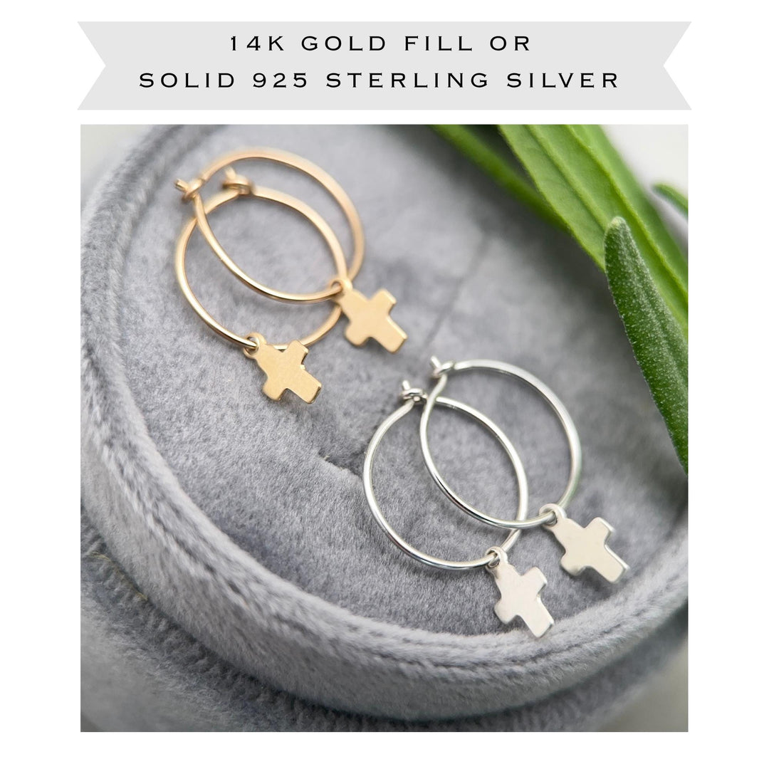 Cross Charm Hoop Earrings | Sterling Silver or Yellow Gold-Fill | Christian Faith Jewelry - SunlightSilver