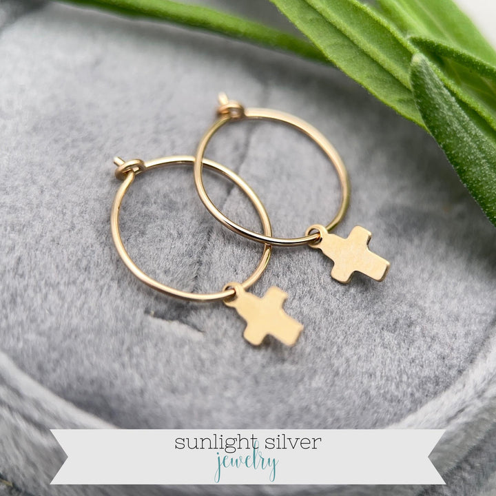 Cross Charm Hoop Earrings | Sterling Silver or Yellow Gold-Fill | Christian Faith Jewelry - SunlightSilver
