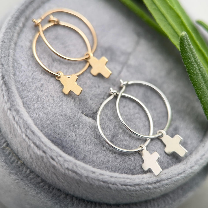 Cross Charm Hoop Earrings | Sterling Silver or Yellow Gold-Fill | Christian Faith Jewelry - SunlightSilver