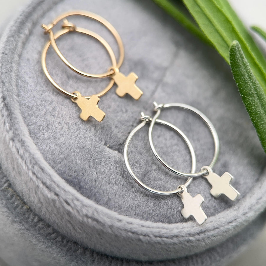 Cross Charm Hoop Earrings | Sterling Silver or Yellow Gold-Fill | Christian Faith Jewelry - SunlightSilver